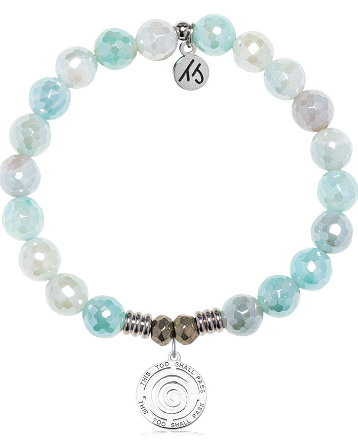 Aqua Agate Gemstone Bracelet with This Too Shall Pass Sterling Silver Charm