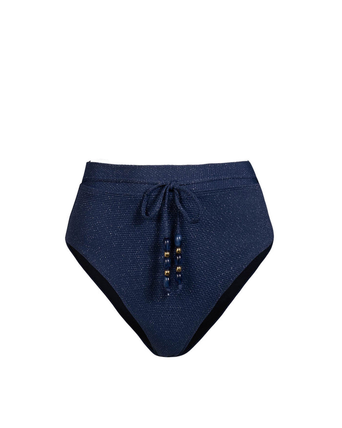 Belted Hi Waist Hi Leg Bottom In Marine Blue Metallic