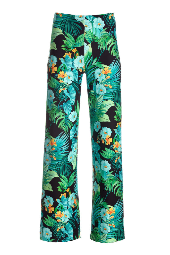 BEYOND TRAVEL TROPICAL PRINTED HIGH RISE PALAZZO PANT Green Multi
