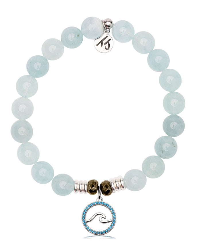Blue Aquamarine Gemstone Bracelet with Serenity Wave Sterling Silver Charm