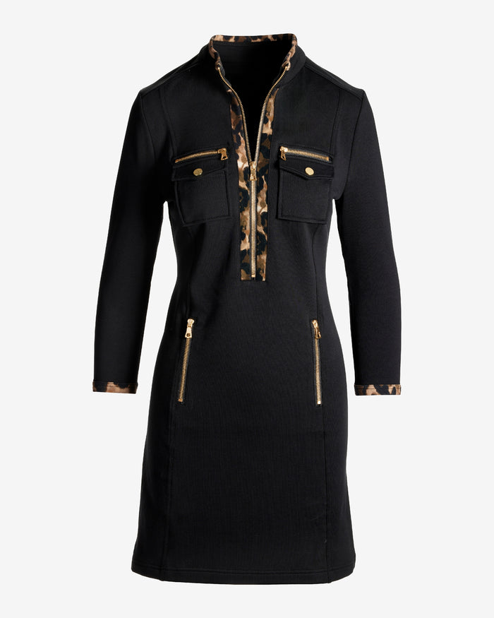 Chic Zip Printed Long Sleeve Dress Cheetah Spots