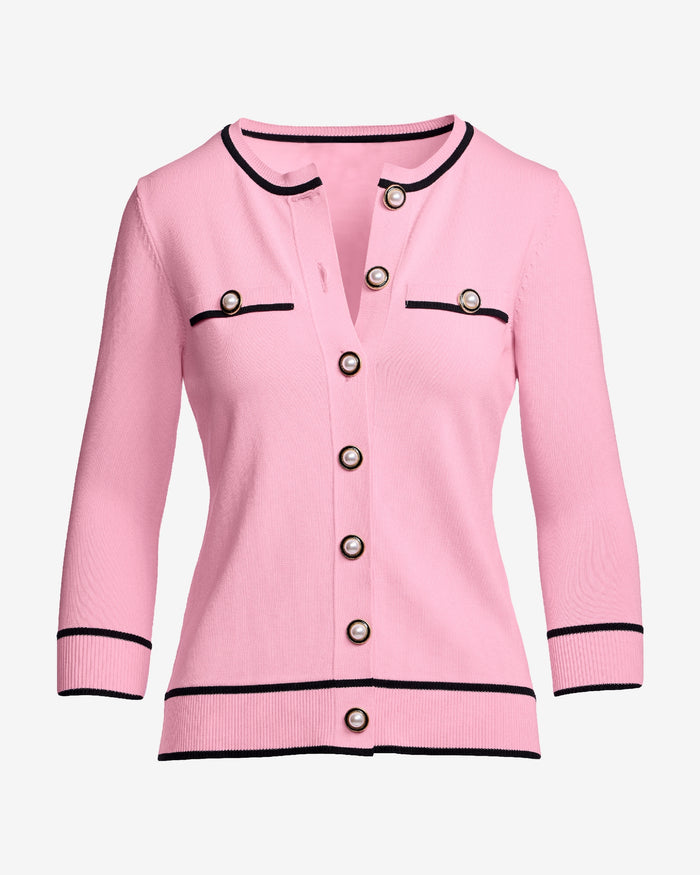 Colorblock Pearl Button Pullover Sweater Pink/Black