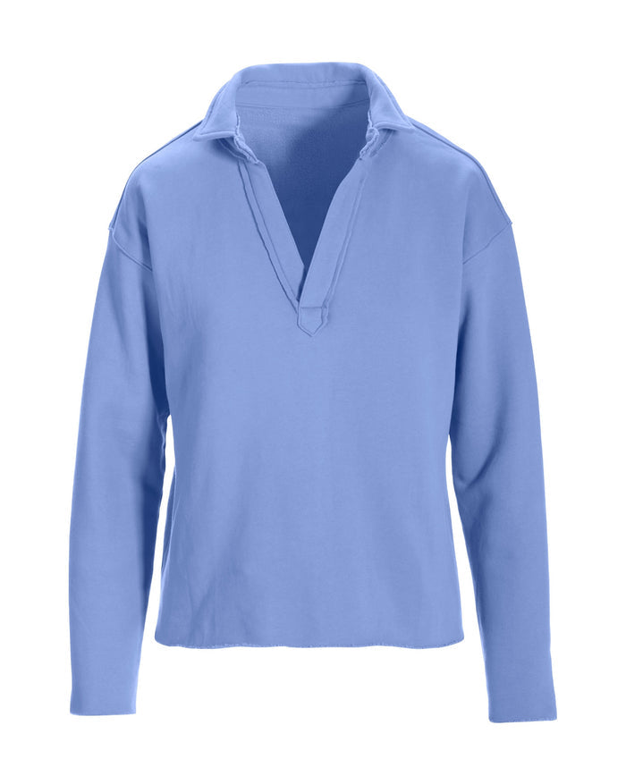 Cotton Comfort Collared V Neck Lounge Sweatshirt Hydrangea Blue