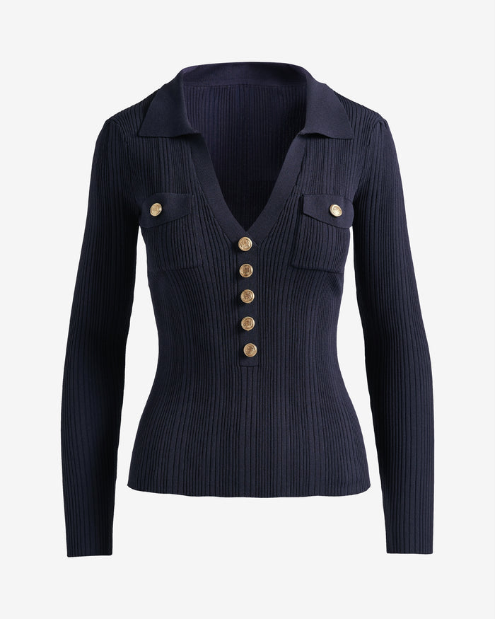 Crested Button Collared Rib Sweater Top Navy