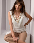 Crochet and Fringe Detail Sleeveless Sweater Off White/Neutral