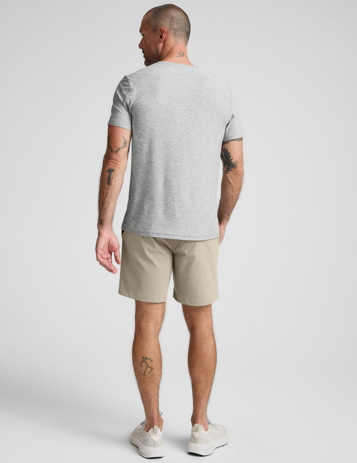 Back view of beige Element Men's Chino Short 7 inch with a mid-thigh straight leg silhouette and regular fit.