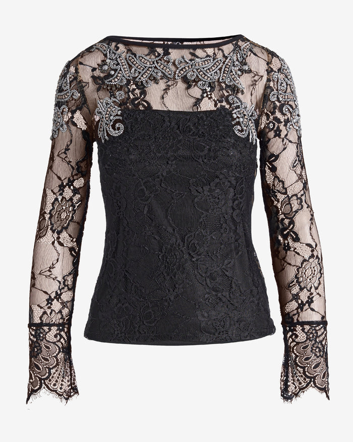 Embellished Lace Boat Neck Knit Top Black/White