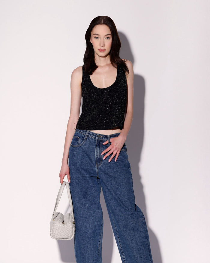 Emma Tank Top, Black and Rhinestone