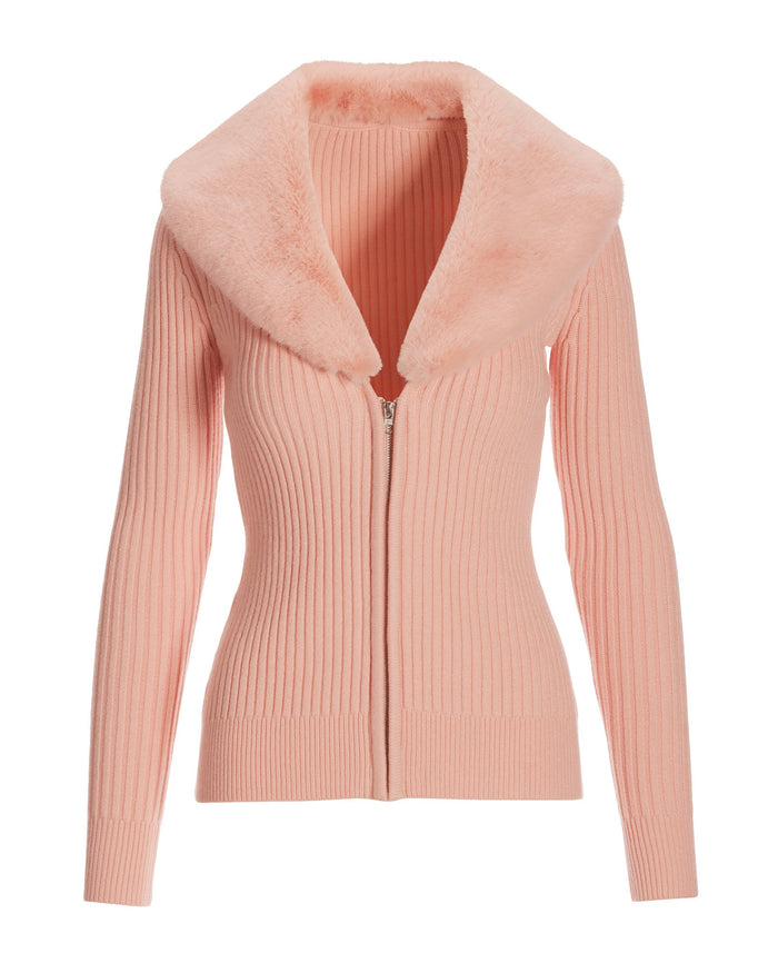 Faux-Fur Collar Zip Cardigan Sweater Light Pink