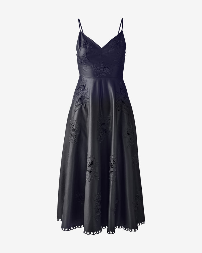 Faux Leather Floral Cut Out Fit and Flare Dress Black