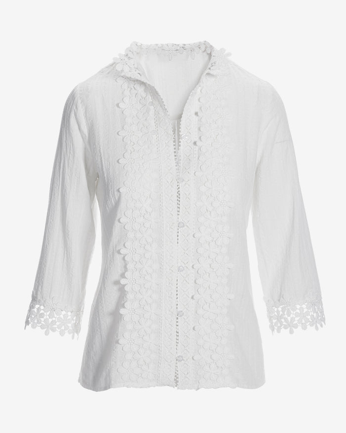 Floral Lace Button Up Cotton Shirt Off White