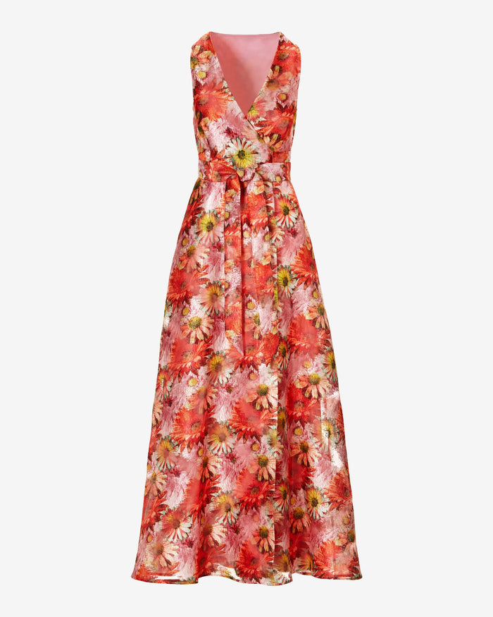 Floral Print Organza Sleeveless Gown Pink Multi