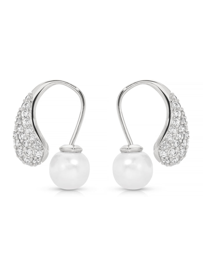 Hooked Pavé and Pearl Earrings