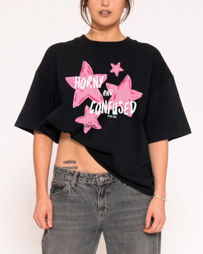 Horny & Confused Black Boxy Crop Tee