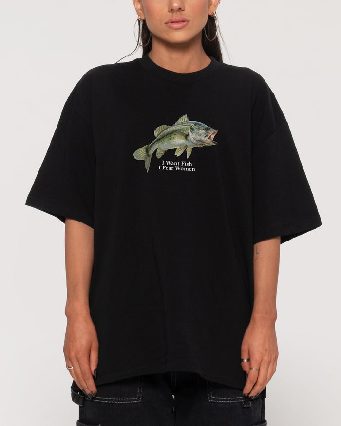I Want Fish,I Fear Women Black Oversized Tee