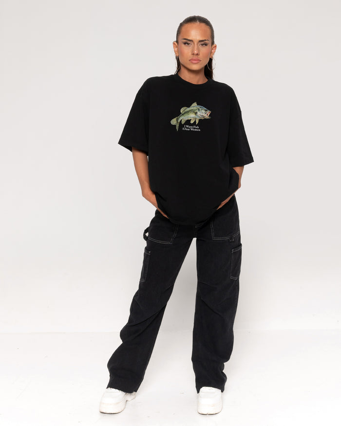 I Want Fish,I Fear Women Black Oversized Tee