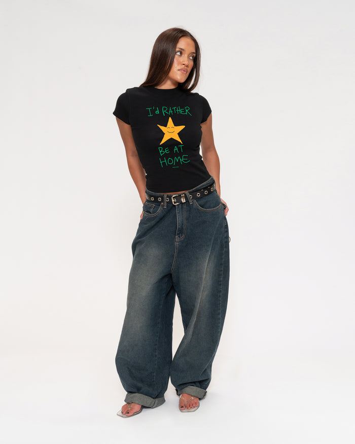 I'd Rather Be At Home Black Longline Baby Tee