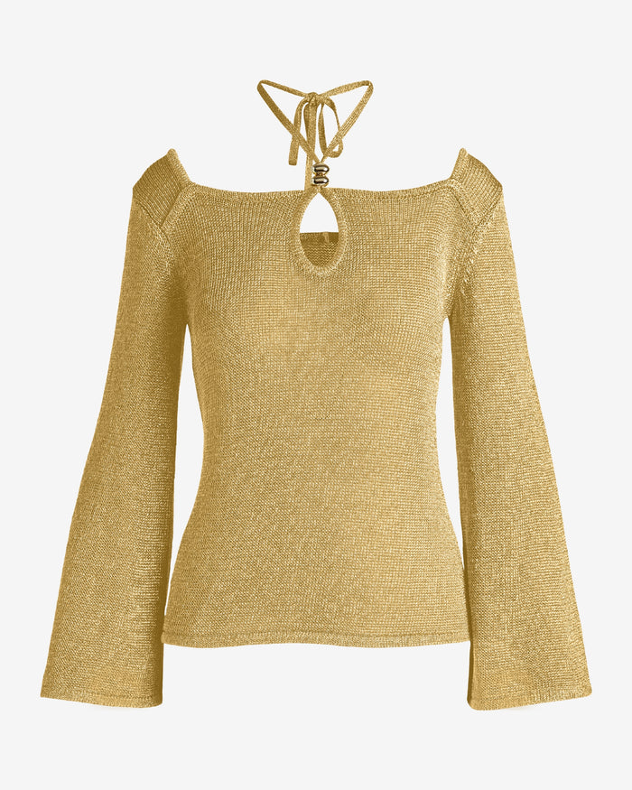 Keyhole Cut Out Flare Sleeve Metallic Sweater with Strap Detail Gold Metallic