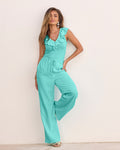 Malibu Wide Leg Drawstring Linen Pant Aqua Splash