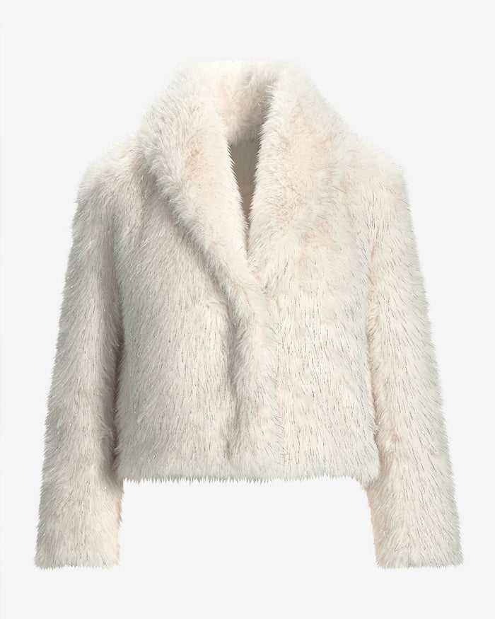 Metallic Faux Fur Shawl Collar Chubby Off White/Silver