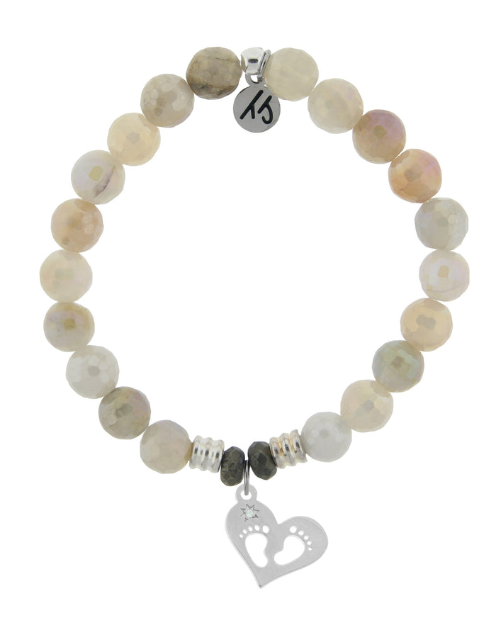 Moonstone Gemstone Bracelet with Baby Feet Sterling Silver Charm