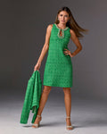Pearl and Stud Embellished Keyhole Tweed Sheath Dress Green