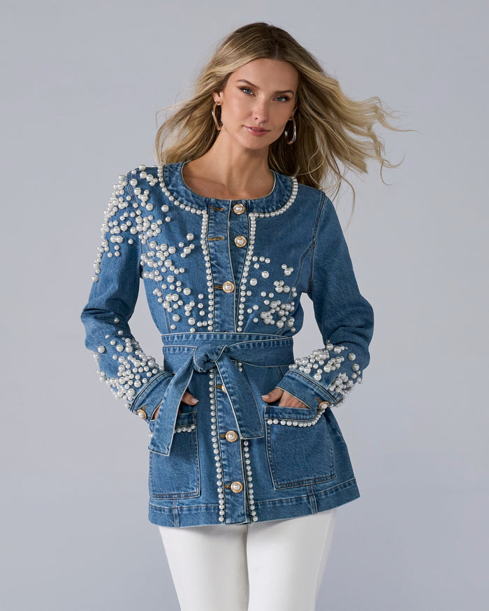 Pearl Embellished Denim Tie-Waist Jacket Medium Wash Denim