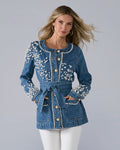 Pearl Embellished Denim Tie-Waist Jacket Medium Wash Denim