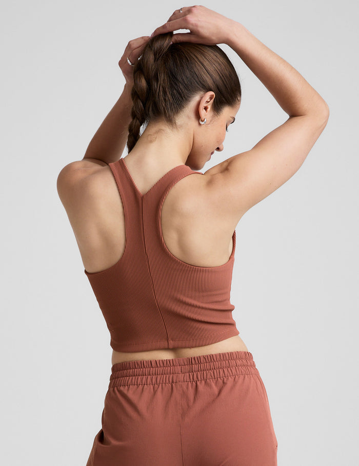 red high-neck ribbed cropped racerback tank.