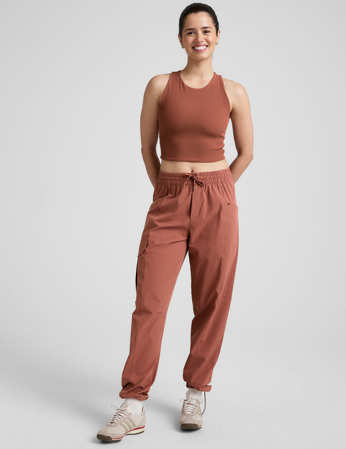 red high-neck ribbed cropped racerback tank.