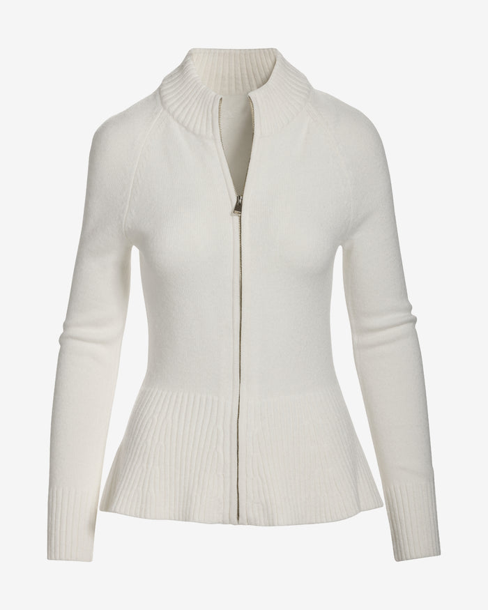 Rib Peplum Full Zip Cardigan Off White