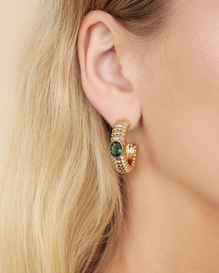 Ribbed Emerald Large Hoops