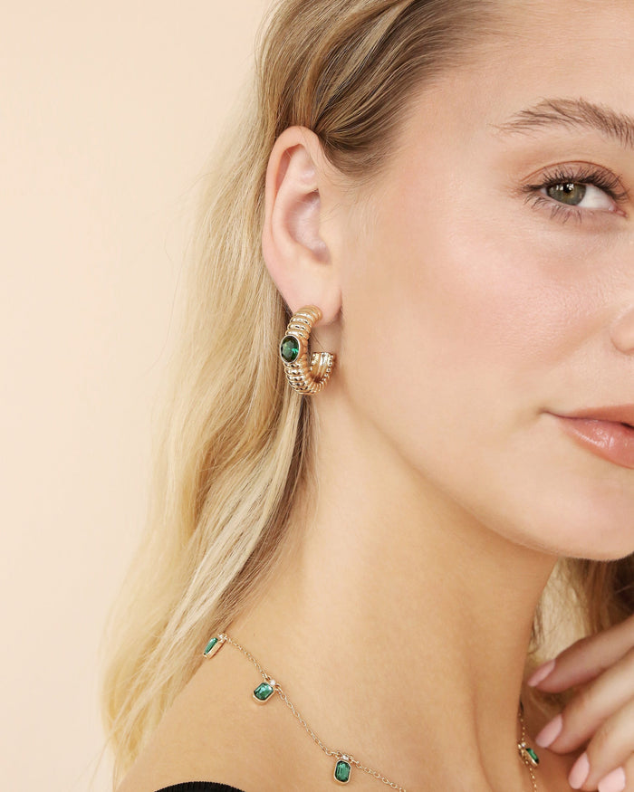 Ribbed Emerald Large Hoops