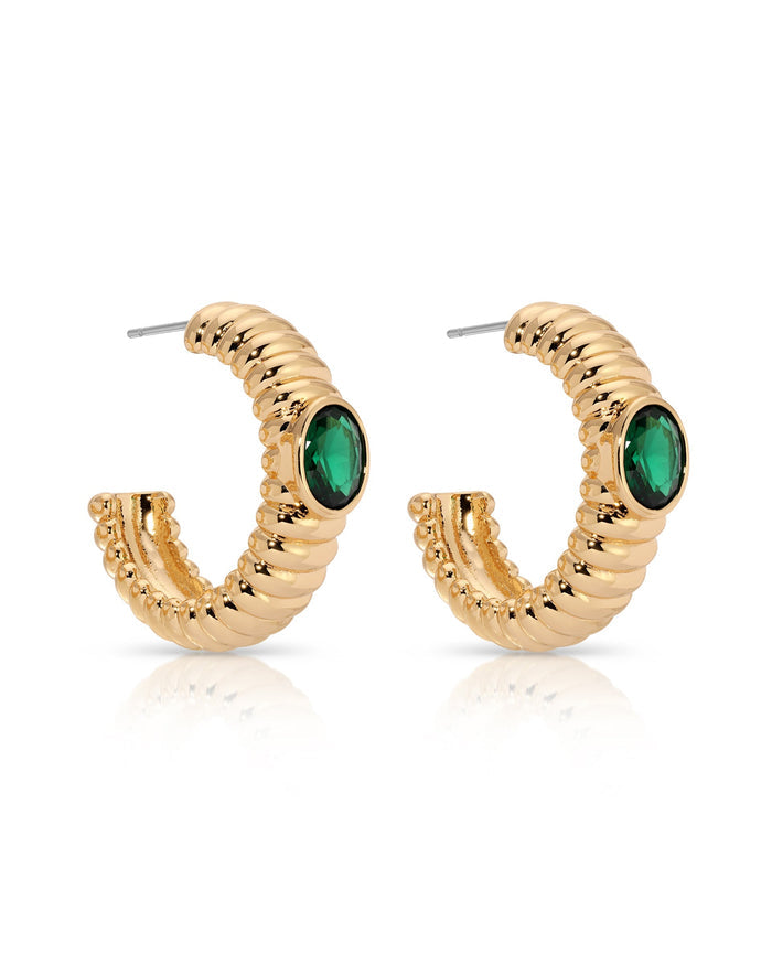 Ribbed Emerald Large Hoops