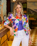 Romantic Florals Print Denim Puff Sleeve Jacket Multi