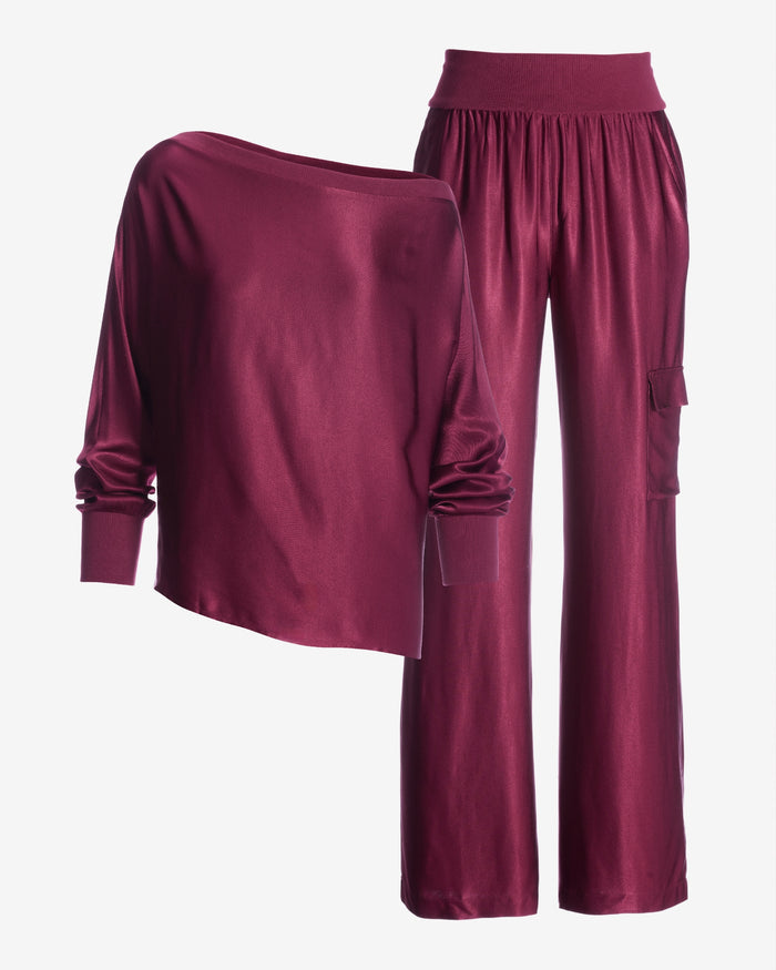 Slouchy Charmeuse Cargo Lounge Set Maroon