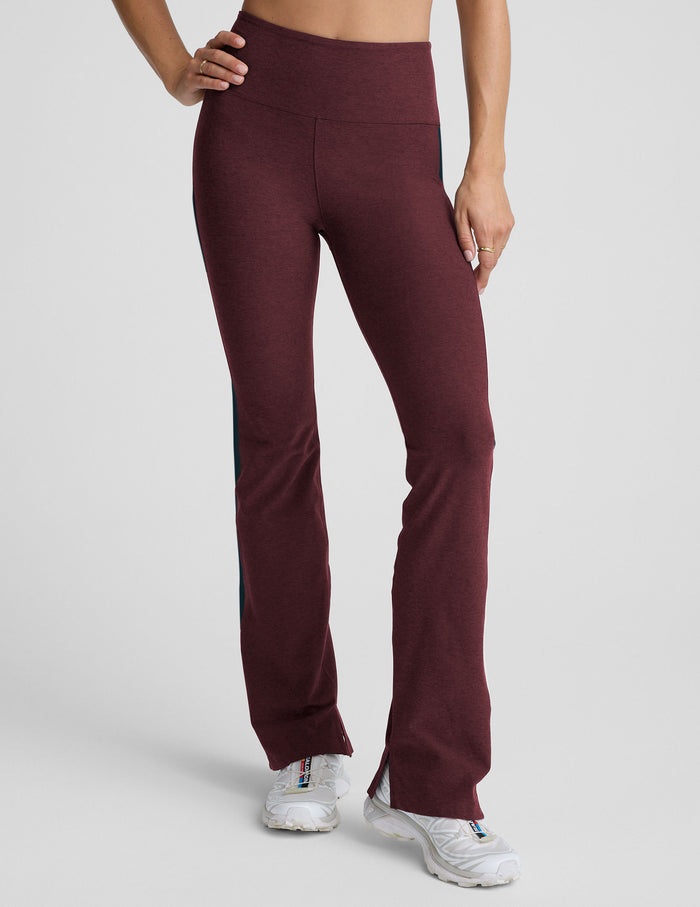 Spacedye Gemini Colorblock Side Slit Pant in maroon with a white side panel, high waistband, and bootcut ankle slits.