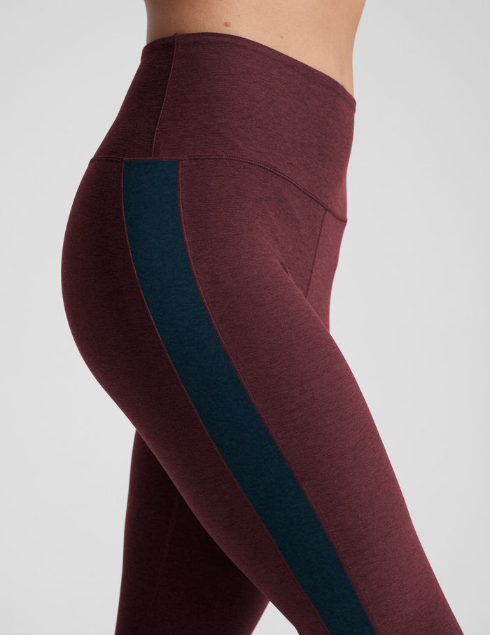Maroon marled Spacedye Gemini Colorblock Side Slit Pant featuring a thick white side stripe and a wide, high-rise waistband.