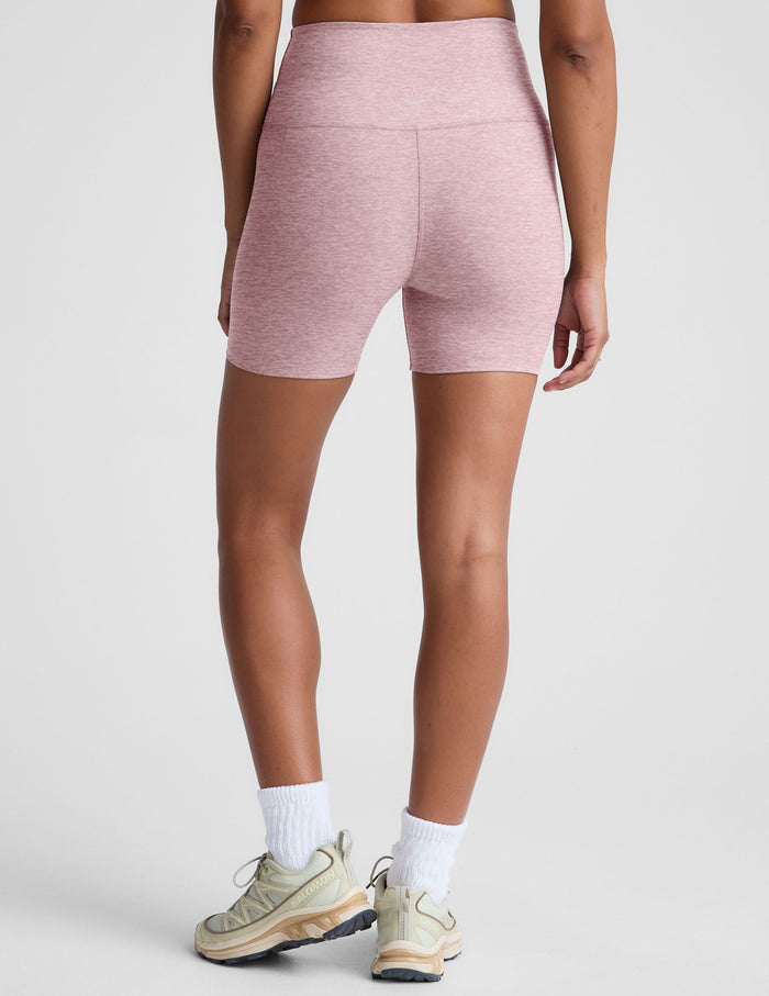 Rear view of pink marled Spacedye Keep Pace 5" Biker Short, featuring a high-waisted fit and mid-thigh length.
