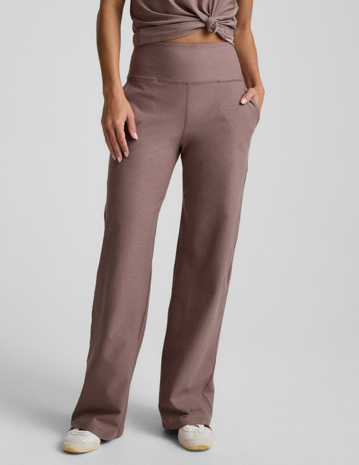 Model wearing Spacedye Laid Back Wide Leg Pant in Blush, featuring a high waistband, slant pockets, and a relaxed, straight fit.