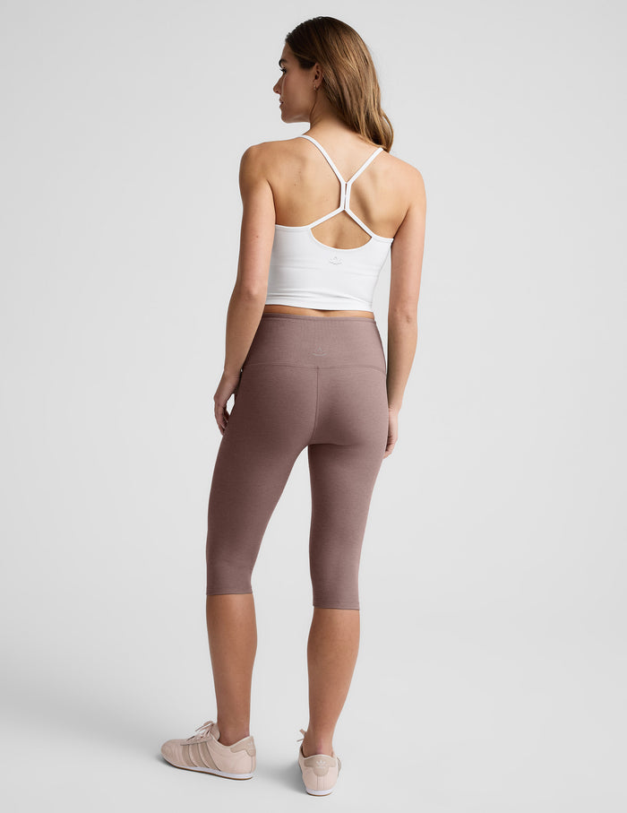 Back view of brown Spacedye Pedal Pusher High Waisted Legging with a snug fit and cropped length below the knee.
