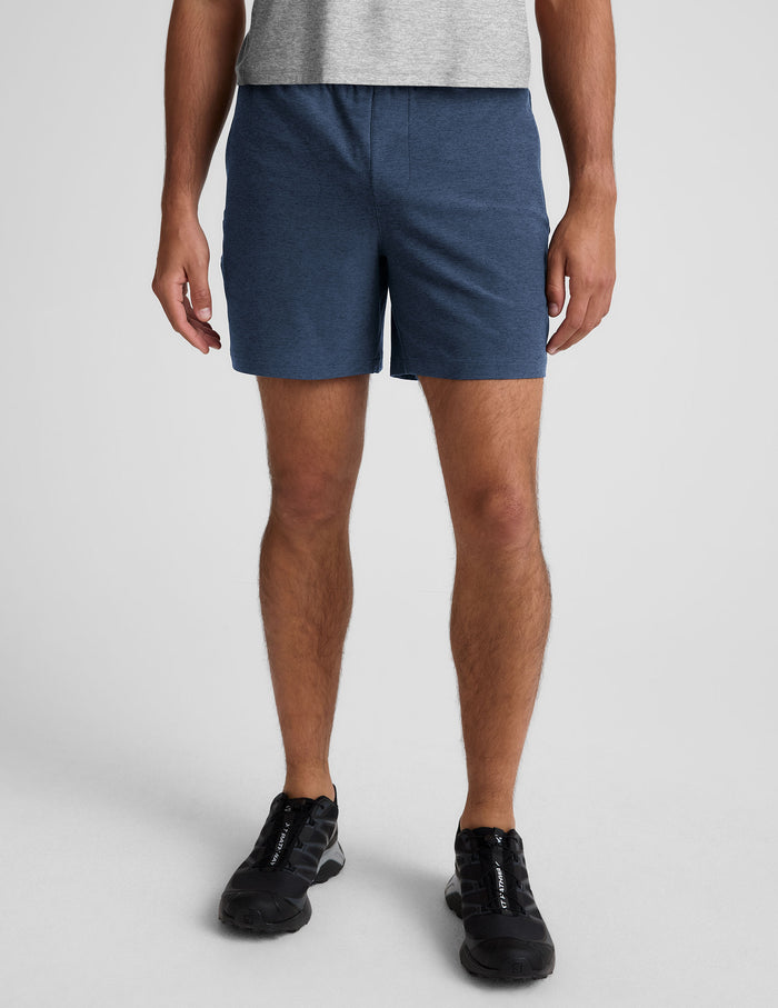 Front view of blue marled Spacedye Unlimited Men's Short featuring an elastic waistband and relaxed mid-thigh length.