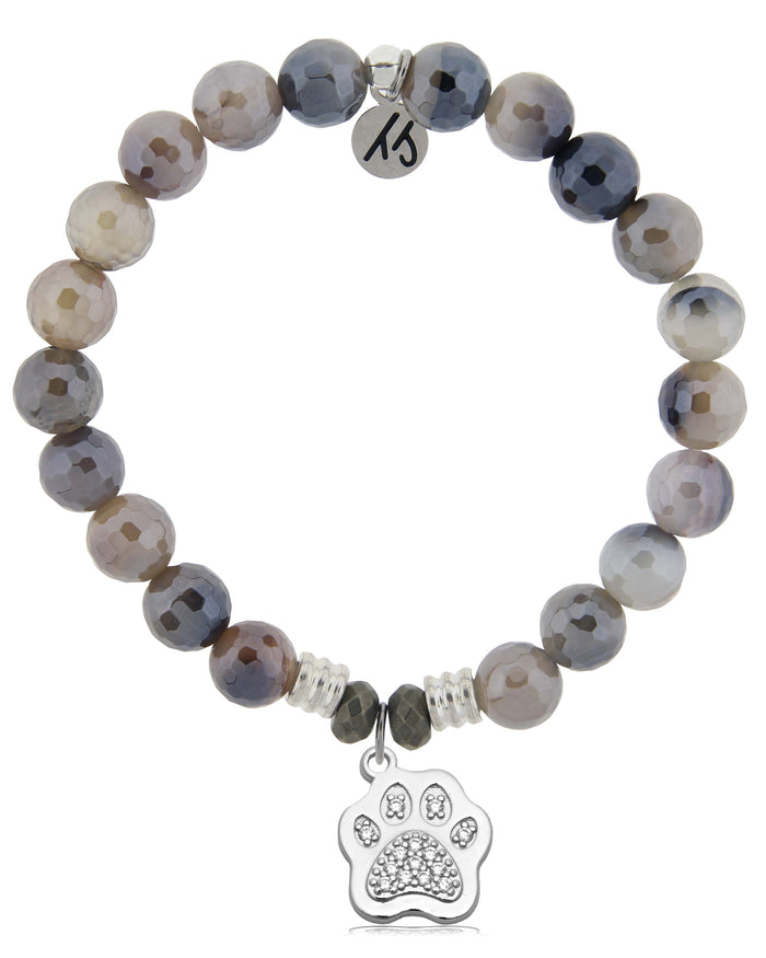 Storm Agate Gemstone Bracelet with Paw CZ Sterling Silver Charm