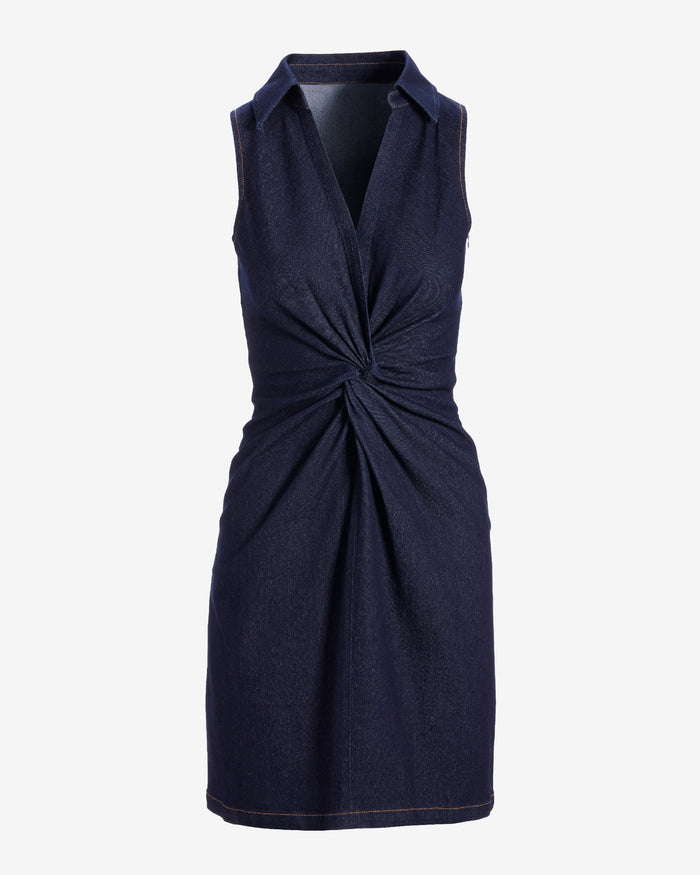 Stretch Denim Knot Waist Collared Shift Dress Rinse