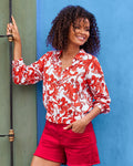 Summer Scrolls Print Blouson Button Up Shirt Red