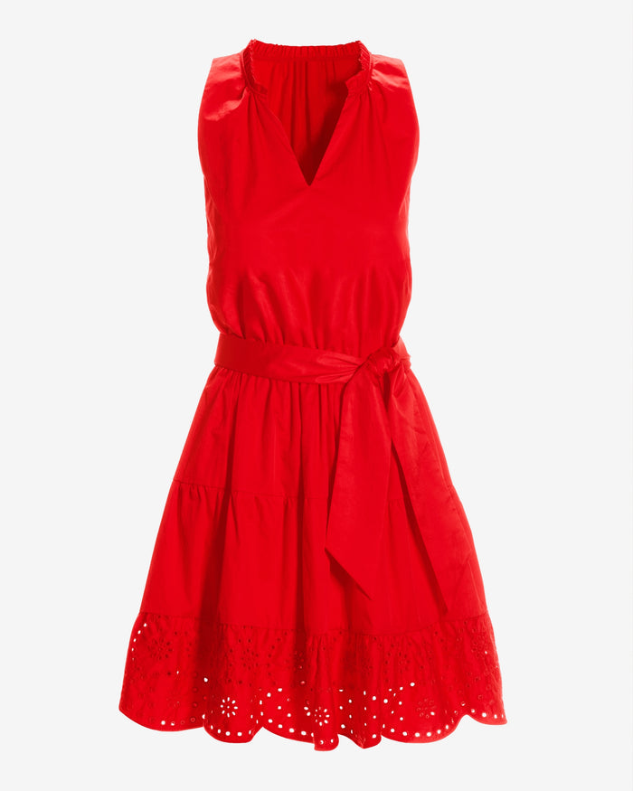 Tie Waist Tiered Fit and Flare Poplin Dress Racing Red