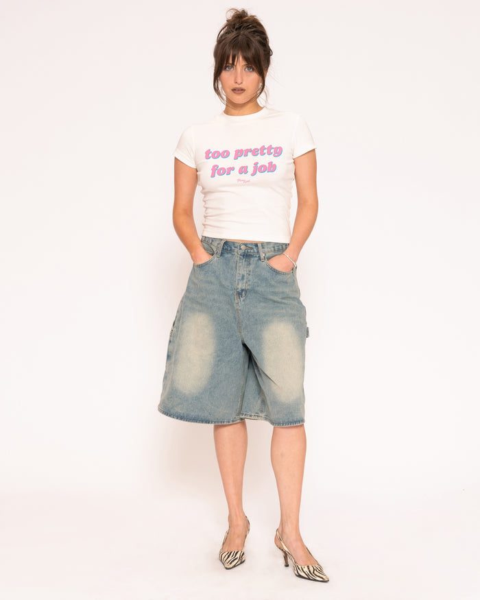 Too Pretty For A Job White Longline Baby Tee