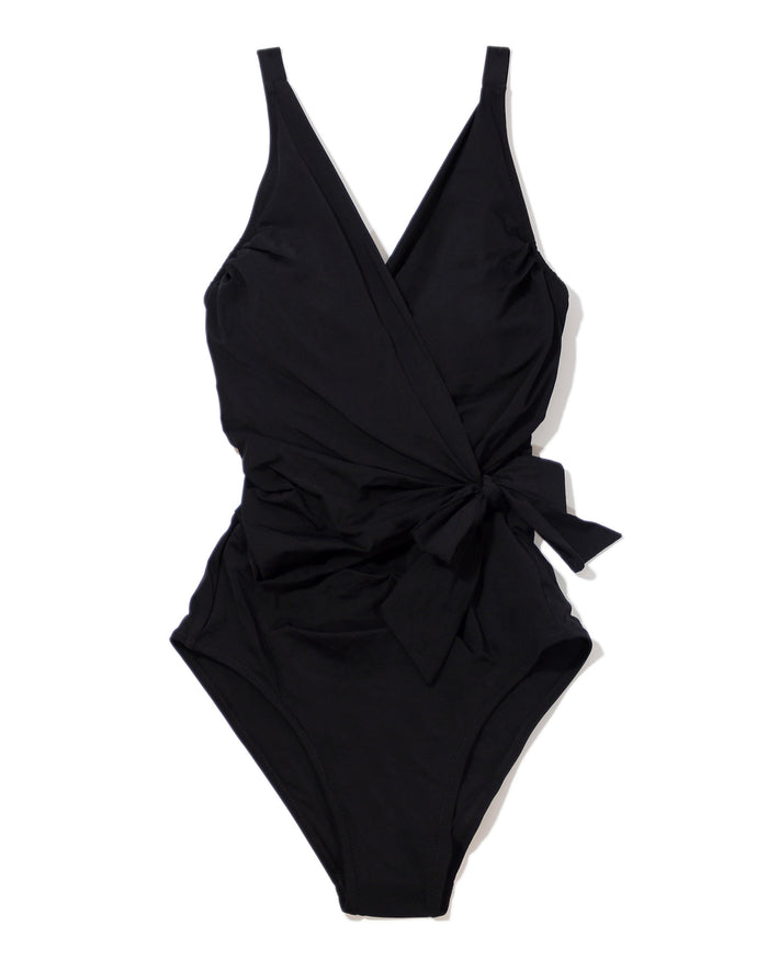 Wide Strap Wrap One Piece Swimsuit Black